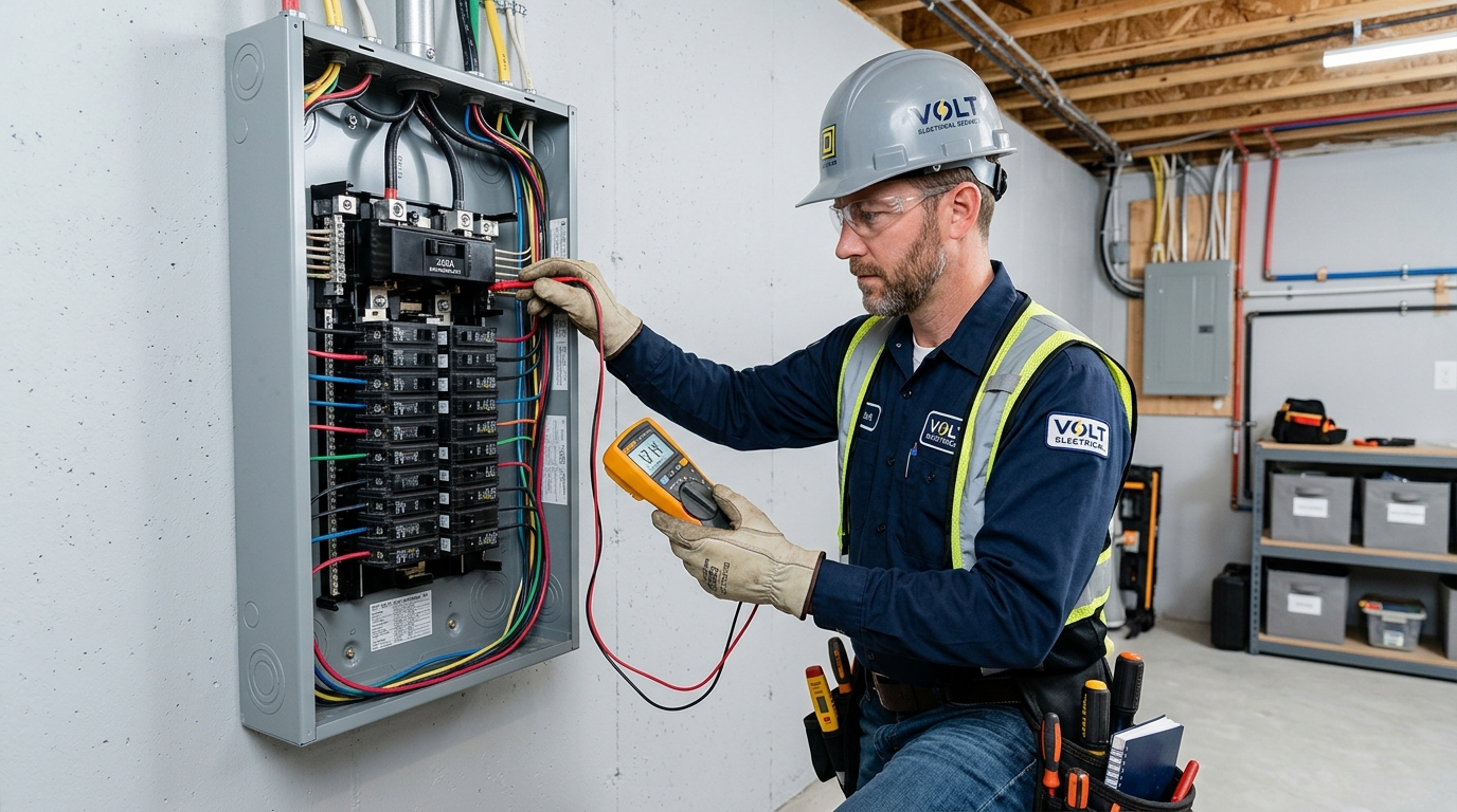 JADA Electric Inc licensed electrician inspecting a 200 amp electrical panel upgrade in an Ajax home